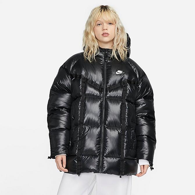 Front view of Women's Nike Sportswear Therma-FIT City Series Down Jacket in Black/Black/White Click to zoom