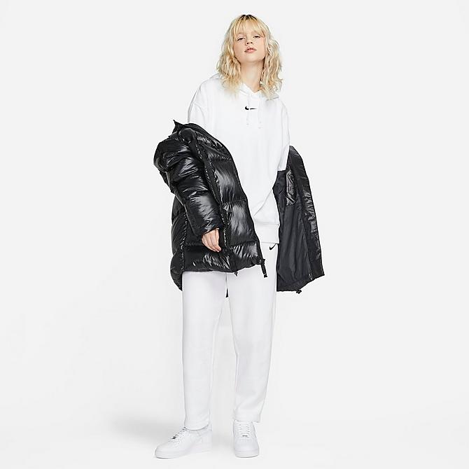 Front Three Quarter view of Women's Nike Sportswear Therma-FIT City Series Down Jacket in Black/Black/White Click to zoom