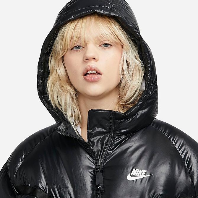 Back Right view of Women's Nike Sportswear Therma-FIT City Series Down Jacket in Black/Black/White Click to zoom