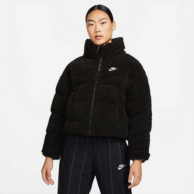 Front view of Women's Nike Sportswear Therma-FIT City Series Down-Fill Jacket in Black/White Click to zoom