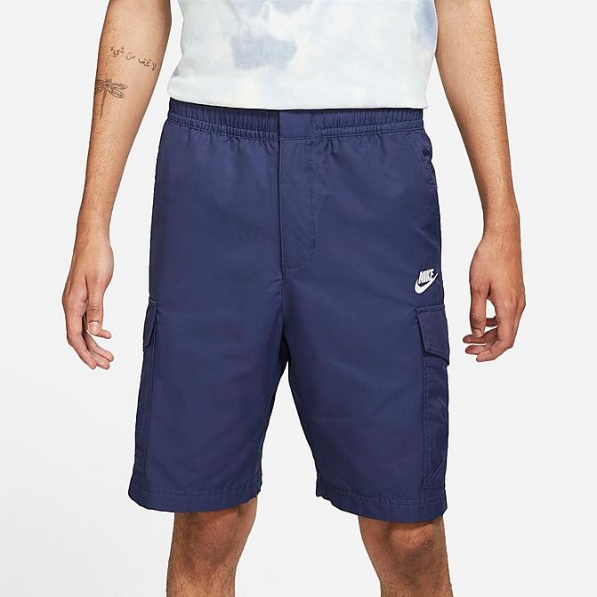 Front view of Men's Nike Sportswear Unlined Utility Cargo Shorts in Navy/White Click to zoom