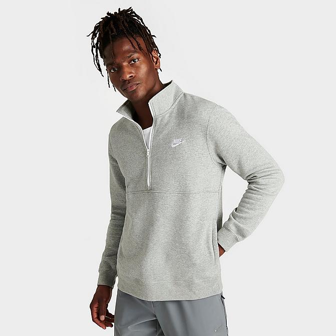 Front view of Men's Nike Sportswear Club Half-Zip Pullover Jacket in Dark Grey Heather/White/White Click to zoom