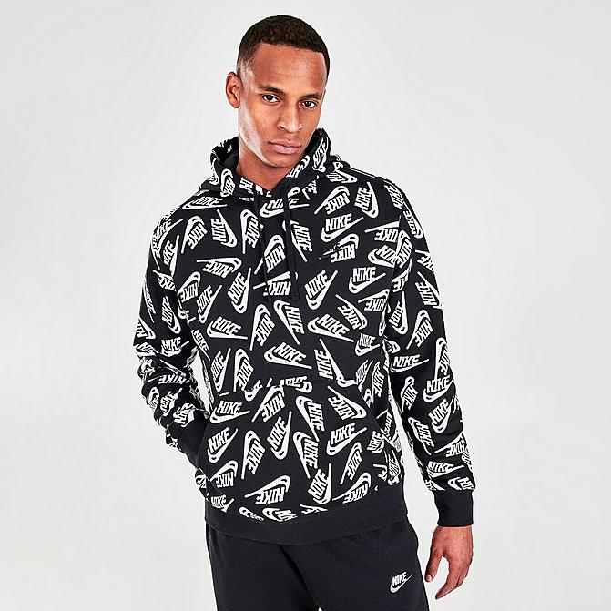 Front view of Men's Nike Sportswear Sport Essentials + Allover Print Pullover Hoodie in Black/Black/Black Click to zoom