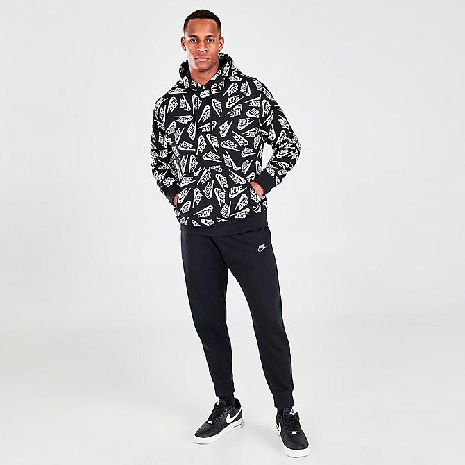 Front Three Quarter view of Men's Nike Sportswear Sport Essentials + Allover Print Pullover Hoodie in Black/Black/Black Click to zoom