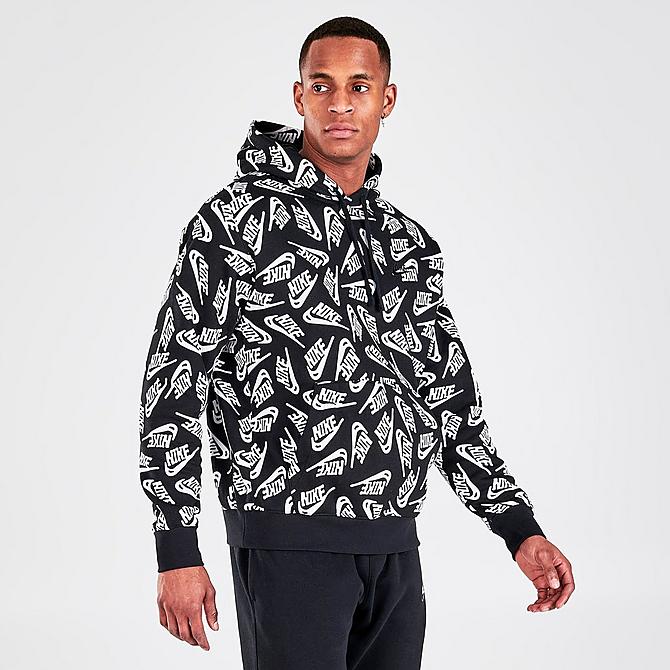 Back Left view of Men's Nike Sportswear Sport Essentials + Allover Print Pullover Hoodie in Black/Black/Black Click to zoom
