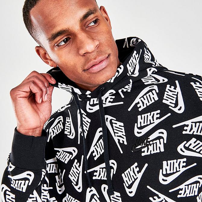 On Model 5 view of Men's Nike Sportswear Sport Essentials + Allover Print Pullover Hoodie in Black/Black/Black Click to zoom
