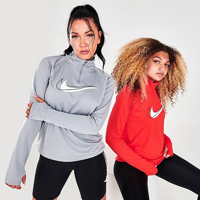Front view of Women's Nike Dri-FIT Swoosh Run Half-Zip Running Midlayer Training Top in Particle Grey/White Click to zoom