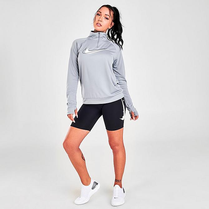 Front Three Quarter view of Women's Nike Dri-FIT Swoosh Run Half-Zip Running Midlayer Training Top in Particle Grey/White Click to zoom