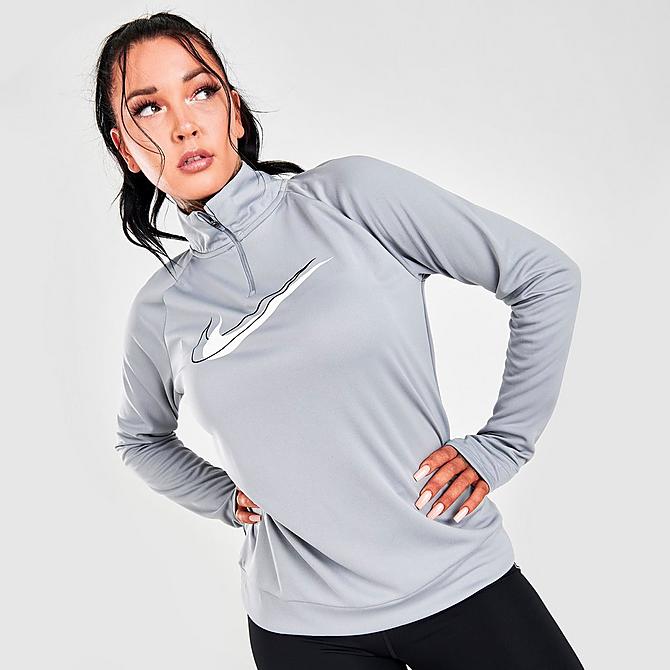 Back Left view of Women's Nike Dri-FIT Swoosh Run Half-Zip Running Midlayer Training Top in Particle Grey/White Click to zoom