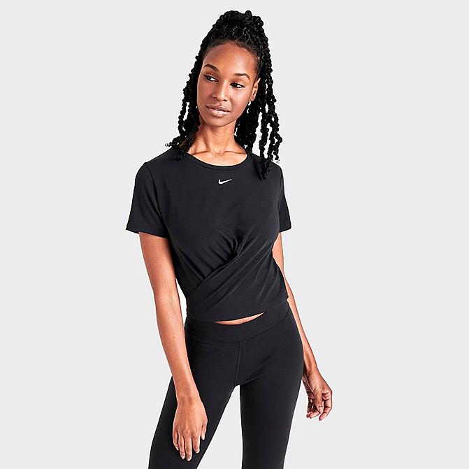 Front view of Women's Nike Dri-FIT One Luxe Twist Standard Fit Short-Sleeve Shirt in Black Click to zoom