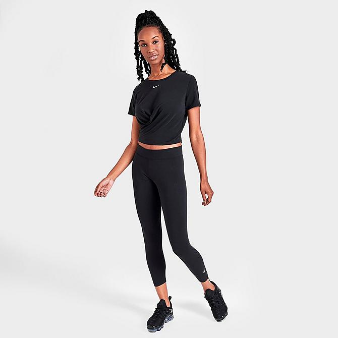Front Three Quarter view of Women's Nike Dri-FIT One Luxe Twist Standard Fit Short-Sleeve Shirt in Black Click to zoom