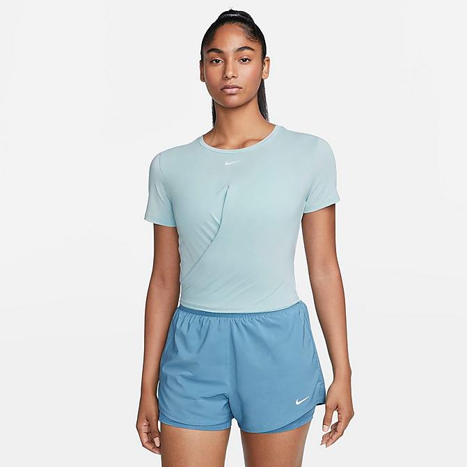 Front view of Women's Nike Dri-FIT One Luxe Twist Standard Fit Short-Sleeve Shirt in Ocean Bliss/Reflective Silver Click to zoom