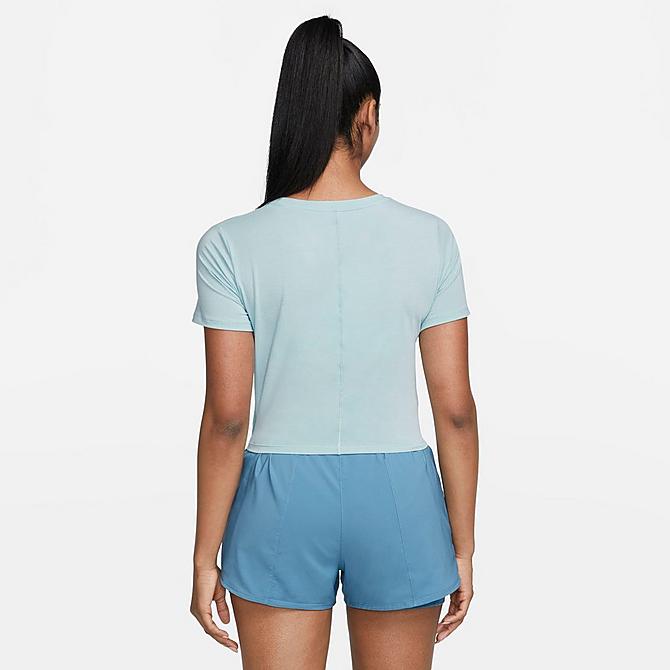Front Three Quarter view of Women's Nike Dri-FIT One Luxe Twist Standard Fit Short-Sleeve Shirt in Ocean Bliss/Reflective Silver Click to zoom