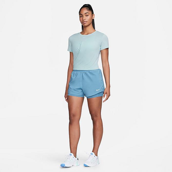 Back Left view of Women's Nike Dri-FIT One Luxe Twist Standard Fit Short-Sleeve Shirt in Ocean Bliss/Reflective Silver Click to zoom