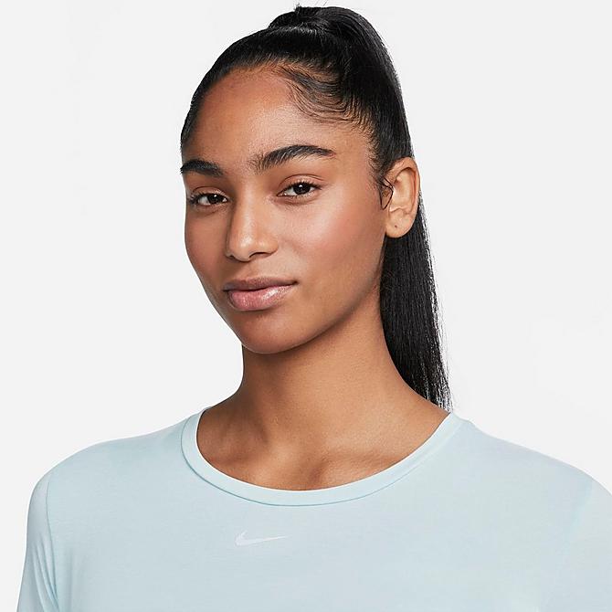 Back Right view of Women's Nike Dri-FIT One Luxe Twist Standard Fit Short-Sleeve Shirt in Ocean Bliss/Reflective Silver Click to zoom