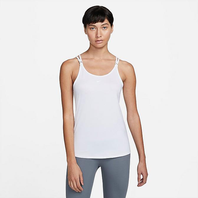 Front view of Women's Nike Dri-FIT One Luxe Strappy Tank in White/Reflective Silver Click to zoom
