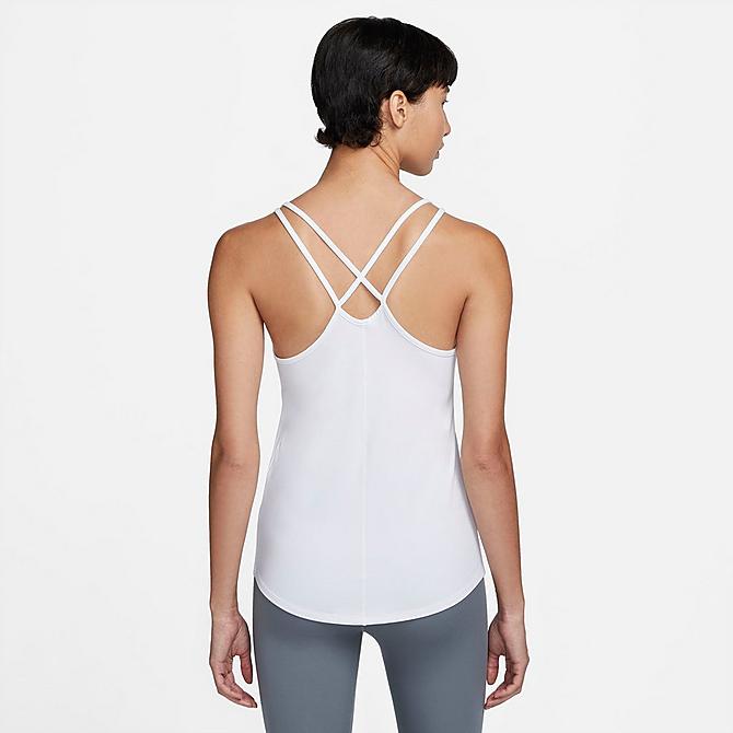 Front Three Quarter view of Women's Nike Dri-FIT One Luxe Strappy Tank in White/Reflective Silver Click to zoom