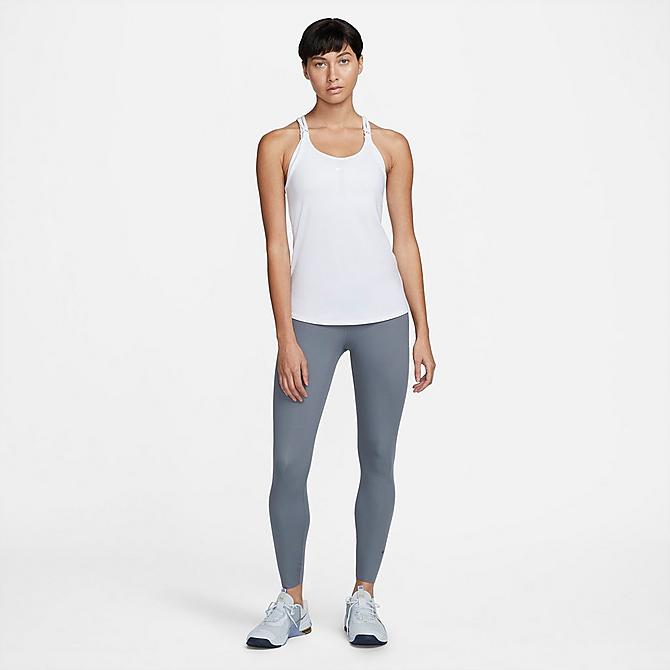 Back Left view of Women's Nike Dri-FIT One Luxe Strappy Tank in White/Reflective Silver Click to zoom
