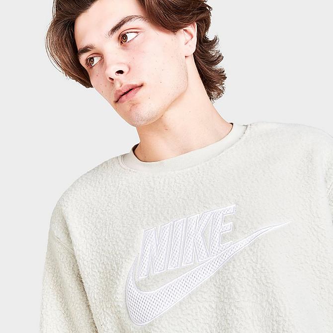 On Model 5 view of Mens' Nike Sportswear Stele Essentials+ Fleece Crewneck Sweatshirt in Light Bone/Dark Chocolate Click to zoom