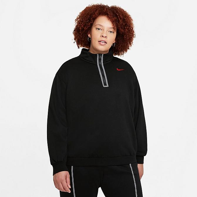 Front view of Women's Nike Sportswear Icon Clash Fleece Half-Zip Top in Black/Chile Red Click to zoom