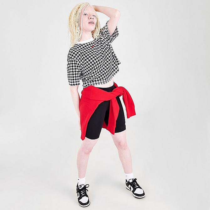 Front Three Quarter view of Women's Nike Sportswear Icon Clash Oversized Houndstooth Crop Top in White/Black/Chile Red Click to zoom