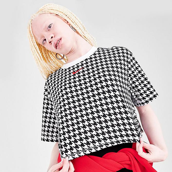 Back Left view of Women's Nike Sportswear Icon Clash Oversized Houndstooth Crop Top in White/Black/Chile Red Click to zoom