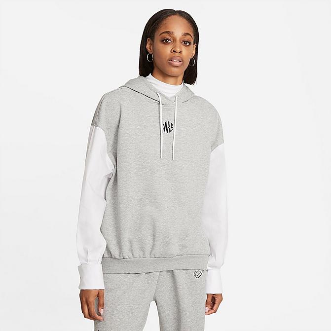 Front view of Women's Nike Sportswear Icon Clash Monogram Hoodie in Dark Grey Heather/White/Black Click to zoom