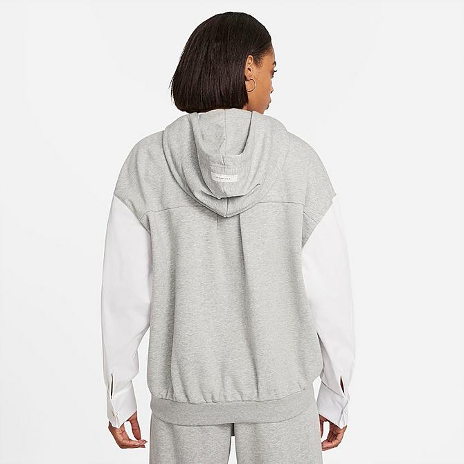 Front Three Quarter view of Women's Nike Sportswear Icon Clash Monogram Hoodie in Dark Grey Heather/White/Black Click to zoom