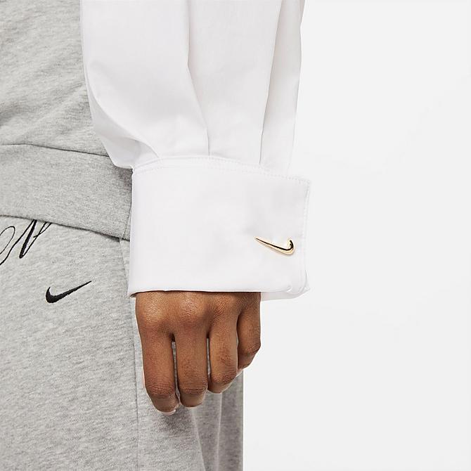 On Model 5 view of Women's Nike Sportswear Icon Clash Monogram Hoodie in Dark Grey Heather/White/Black Click to zoom