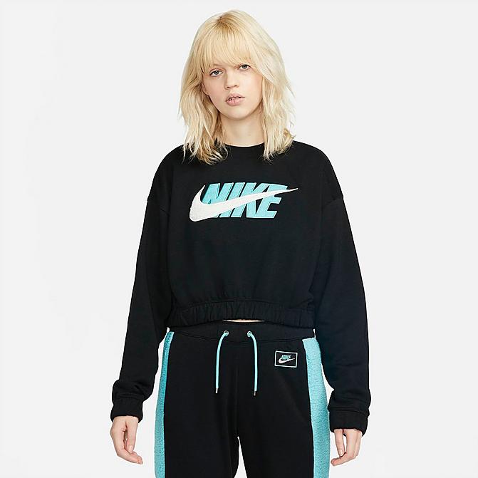 Front view of Women's Nike Sportswear Icon Clash Oversized Fleece Crewneck Top in Black/Copa/Sail Click to zoom