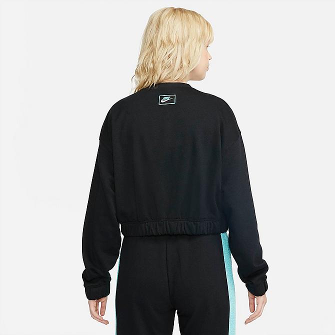 Front Three Quarter view of Women's Nike Sportswear Icon Clash Oversized Fleece Crewneck Top in Black/Copa/Sail Click to zoom