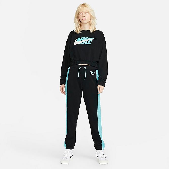 Back Left view of Women's Nike Sportswear Icon Clash Oversized Fleece Crewneck Top in Black/Copa/Sail Click to zoom