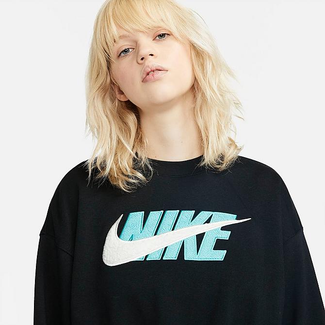 Back Right view of Women's Nike Sportswear Icon Clash Oversized Fleece Crewneck Top in Black/Copa/Sail Click to zoom