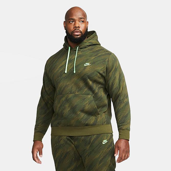 Front view of Men's Nike Sportswear Club Fleece Pullover Hoodie in Rough Green/Green Strike Click to zoom