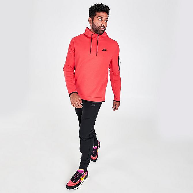 Front Three Quarter view of Men's Nike Sportswear Tech Fleece Ribbed Hoodie in Lobster Click to zoom