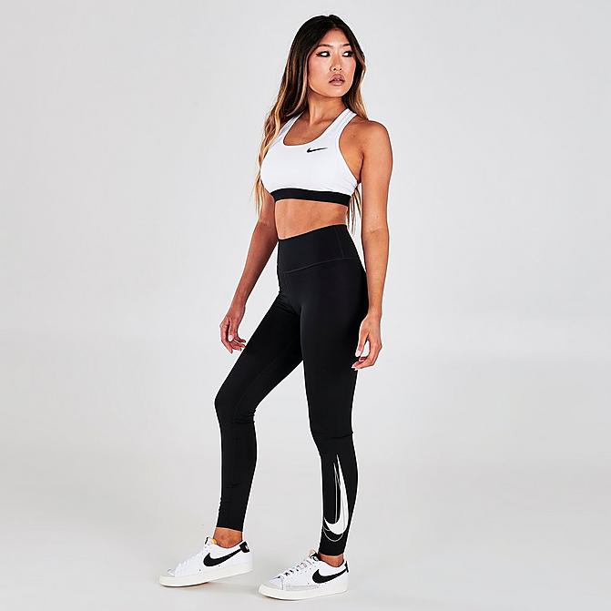Front view of Women's Nike Dri-FIT Swoosh Run Mid-Rise Cropped Running Leggings in Black/White Click to zoom
