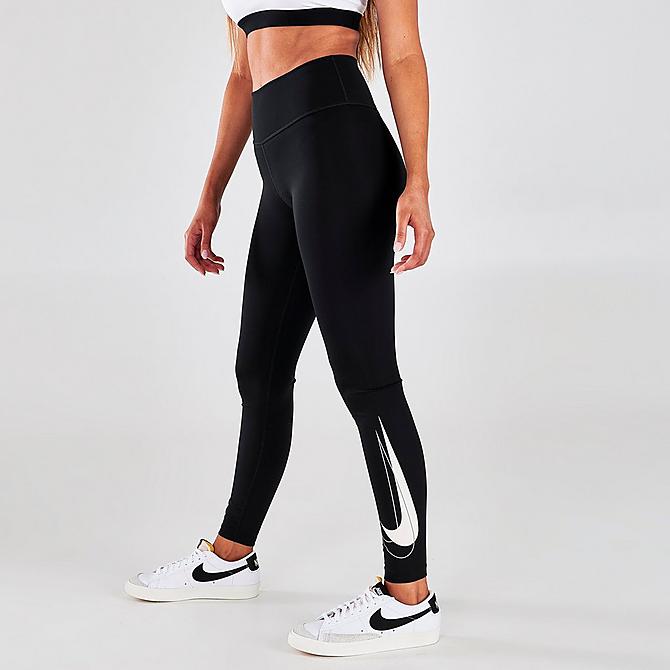 Front Three Quarter view of Women's Nike Dri-FIT Swoosh Run Mid-Rise Cropped Running Leggings in Black/White Click to zoom