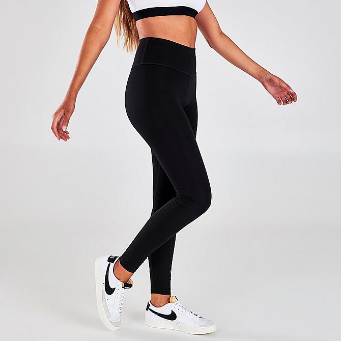 Back Left view of Women's Nike Dri-FIT Swoosh Run Mid-Rise Cropped Running Leggings in Black/White Click to zoom