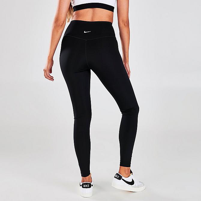 Back Right view of Women's Nike Dri-FIT Swoosh Run Mid-Rise Cropped Running Leggings in Black/White Click to zoom