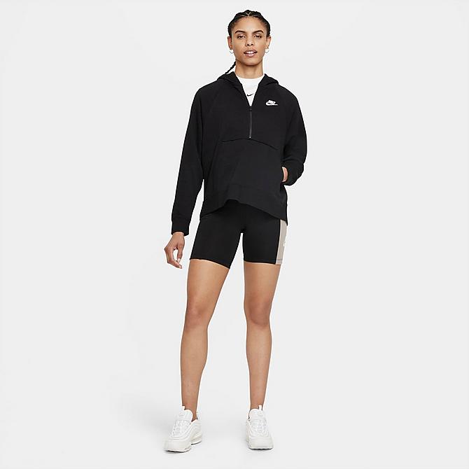 Back Left view of Women's Nike Sportswear Club Essential Quarter-Zip Fleece Hoodie in Black/White Click to zoom