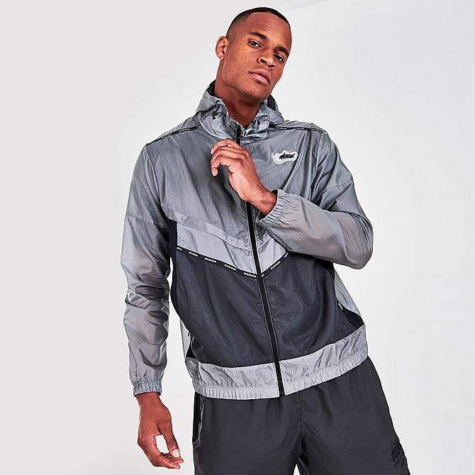 Back Left view of Men's Nike Repel Wild Run Graphic Windrunner Jacket in Smoke Grey Click to zoom