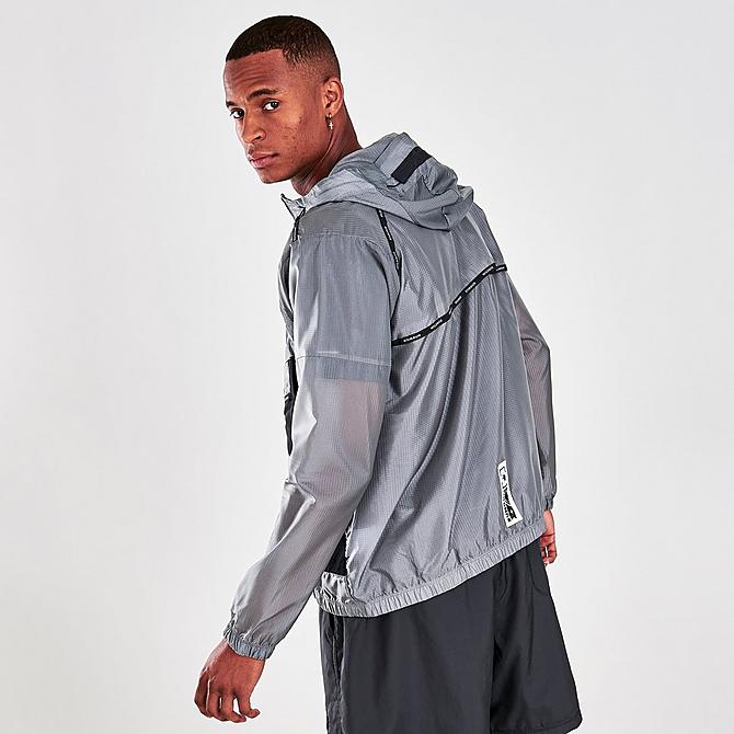 Back Right view of Men's Nike Repel Wild Run Graphic Windrunner Jacket in Smoke Grey Click to zoom