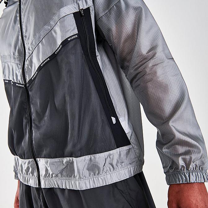 On Model 5 view of Men's Nike Repel Wild Run Graphic Windrunner Jacket in Smoke Grey Click to zoom