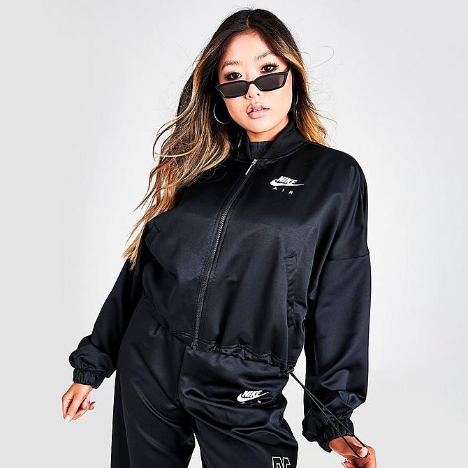 Back Left view of Women's Nike Sportswear Air Woven Cropped Jacket in Black/White Click to zoom