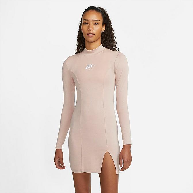Front view of Women's Nike Air Logo Long-Sleeve Dress in Pink Oxford/Rust Pink/White Click to zoom