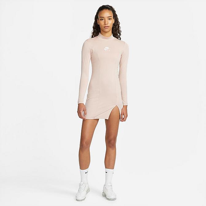 Back Left view of Women's Nike Air Logo Long-Sleeve Dress in Pink Oxford/Rust Pink/White Click to zoom