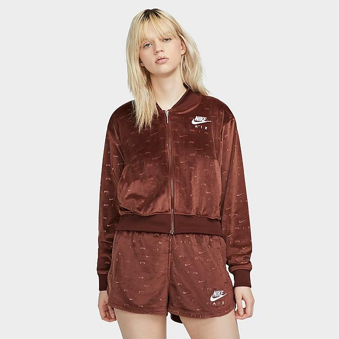 Front view of Women's Nike Air Full-Zip Velour Jacket in Bronze Eclipse/White Click to zoom