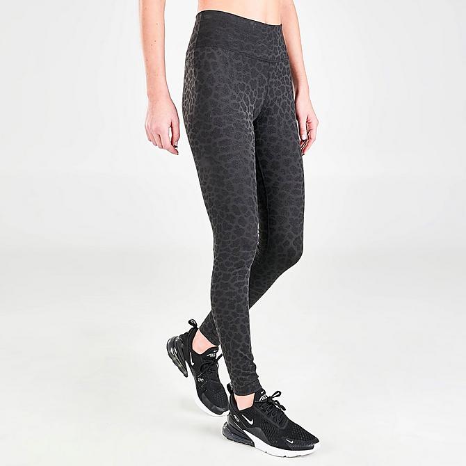 Front Three Quarter view of Women's Nike Dri-FIT One Leopard Print Mid-Rise Leggings in Off Noir/White Click to zoom