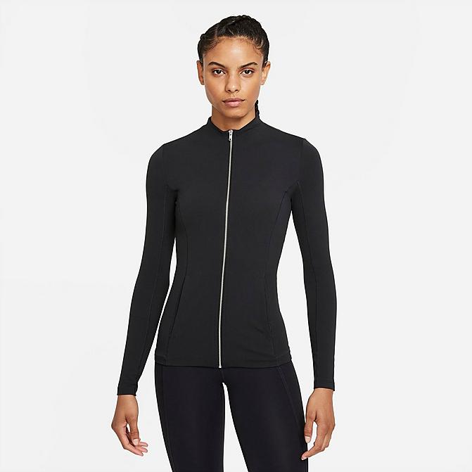 Front view of Women's Nike Dri-FIT Yoga Luxe Full-Zip Jacket in Black/Dark Smoke Grey Click to zoom