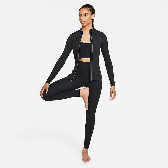 Front Three Quarter view of Women's Nike Dri-FIT Yoga Luxe Full-Zip Jacket in Black/Dark Smoke Grey Click to zoom